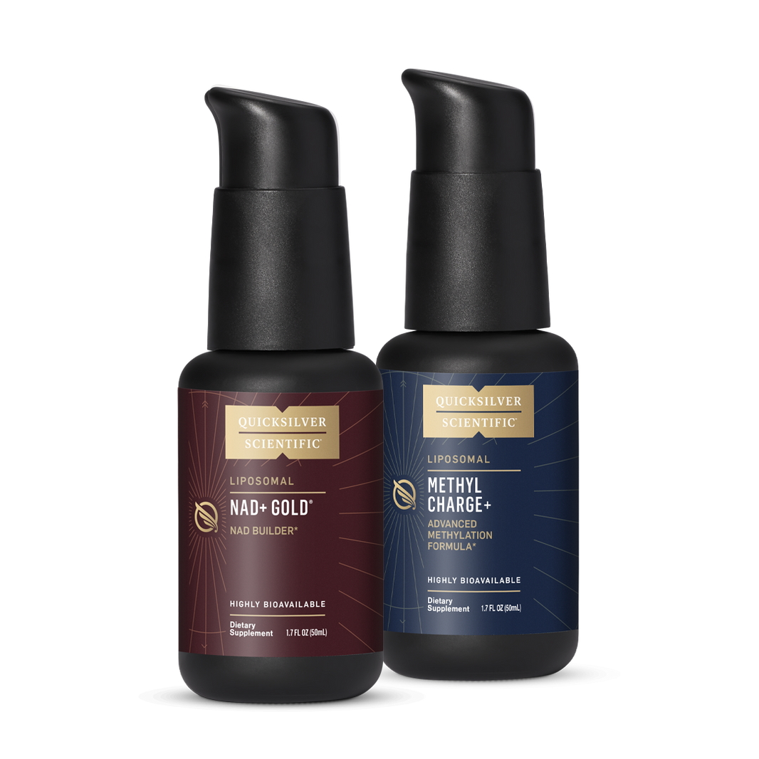 Quicksilver Scientific Liposomal N A D Gold NAD Builder Dietary Supplement 1.7 FL OZ (50mL) and Liposomal Methyl Charge Advanced Methylation Formula Dietary Supplement 1.7 FL OZ (50mL)