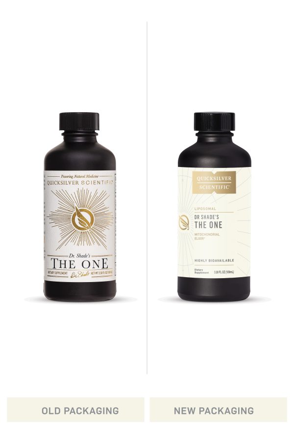 Old label design Dr Shade's The One. New label design Liposomal Dr Shade's The One mitochondrial Elixir.