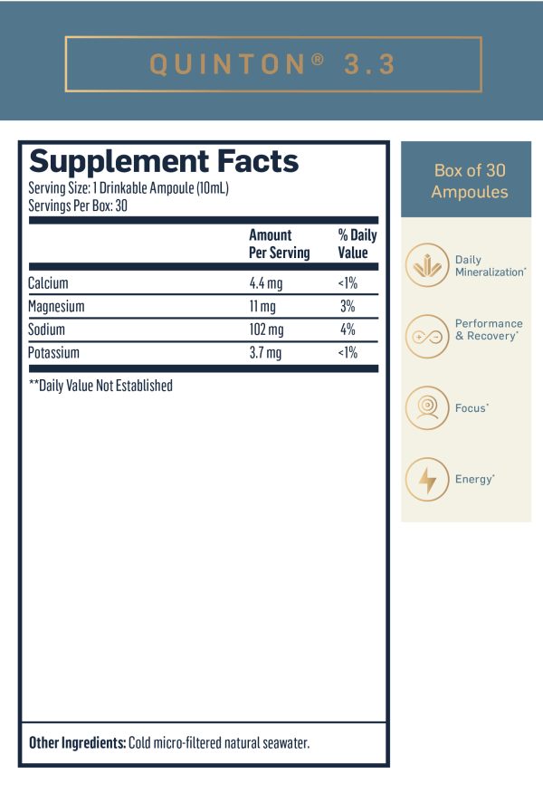 Quinton 3.3 ampoule supplement facts 1 drinkable ampoule 10 milliliters 30 servings per box