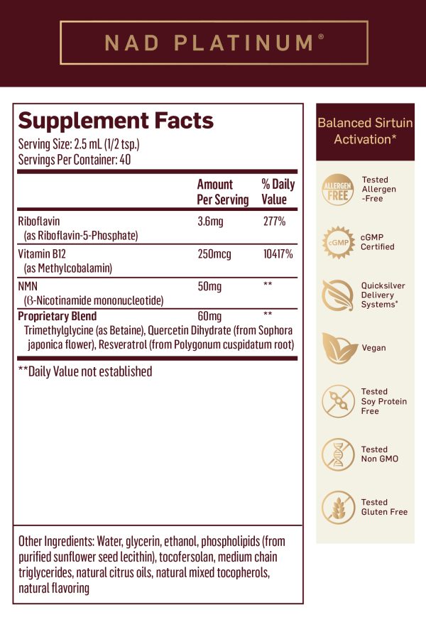 N A D Platinum Supplement Facts 2 point 5 milliliter or half a teaspoon serving size 40 servings per container