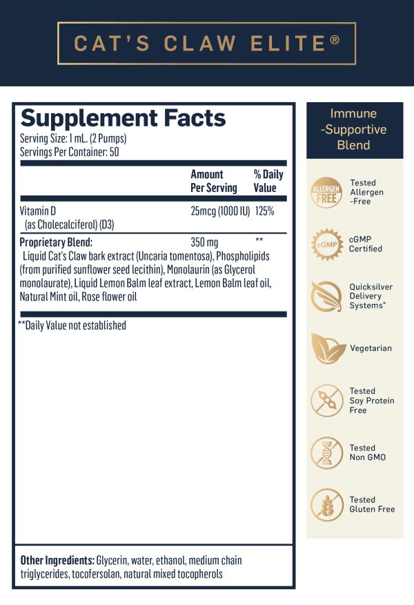 Cat's Claw Elite supplement facts 1 milliiter 2 pumps 50 servings per container