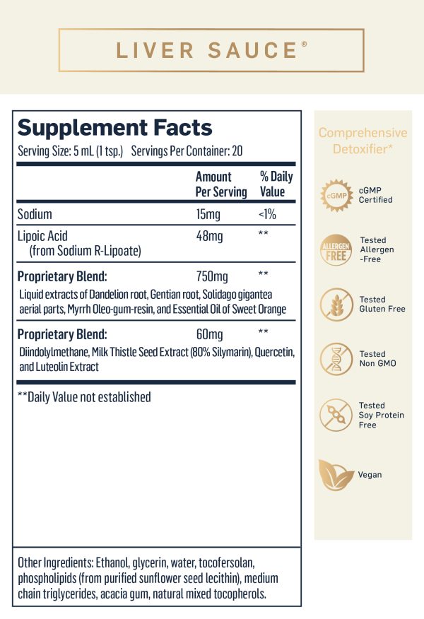 Liver Sauce supplement facts 5 milliliter or 1 teaspoon per serving 20 servings per container