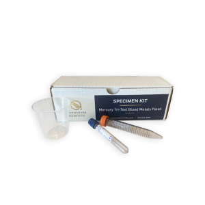 Mercury Tri Test includes a urine test tube, urine cup, and blood metals tube with shipping box