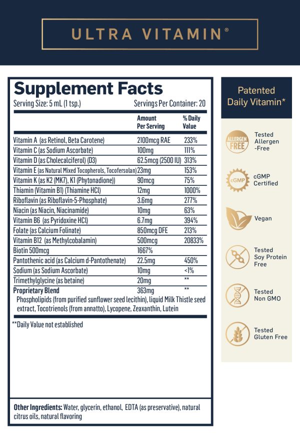 Ultra Vitamin Supplement Facts 5 milliliter serving size 1 teaspoon 20 servings per container