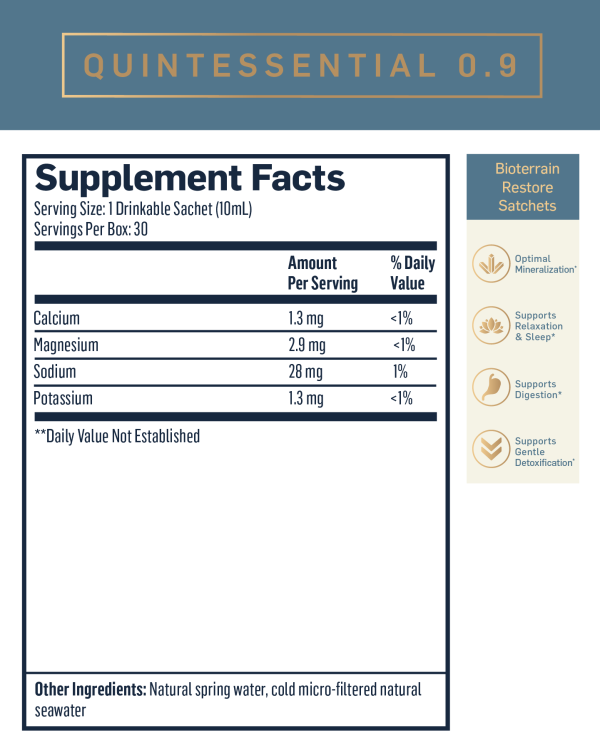 Quintessential 0.9 Isotonic supplement facts 1 serving size is a drinkable sachet 10 milliliters 30 servings per box