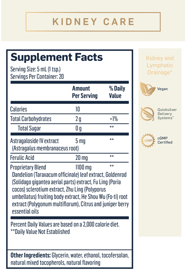 Kidney Care Supplement Facts 5 milliliter or 1 teaspoon per serving 20 servings per container